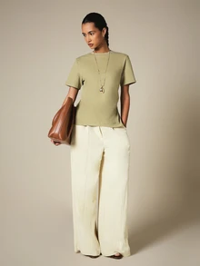 KSTM Crew Neck Short Sleeve Gathered Detail Cotton T-Shirt Casual Everyday Essential Spring Summer Top - Green - View 3