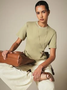 KSTM Crew Neck Short Sleeve Gathered Detail Cotton T-Shirt Casual Everyday Essential Spring Summer Top - Green - View 4