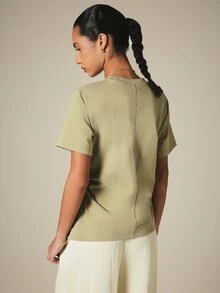 KSTM Crew Neck Short Sleeve Gathered Detail Cotton T-Shirt Casual Everyday Essential Spring Summer Top - Green - View 2