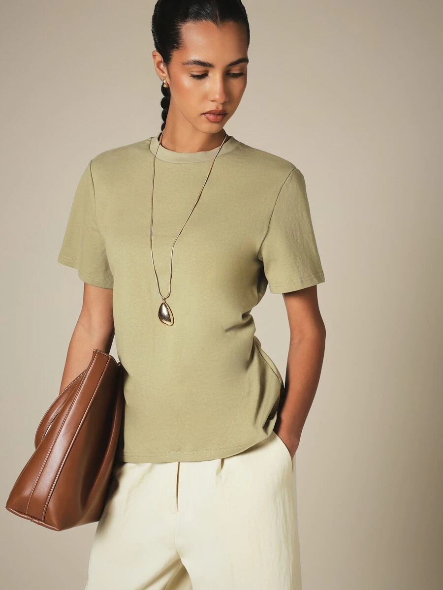 KSTM Crew Neck Short Sleeve Gathered Detail Cotton T-Shirt Casual Everyday Essential Spring Summer Top - Green - View 1