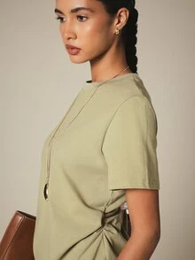 KSTM Crew Neck Short Sleeve Gathered Detail Cotton T-Shirt Casual Everyday Essential Spring Summer Top - Green - View 5