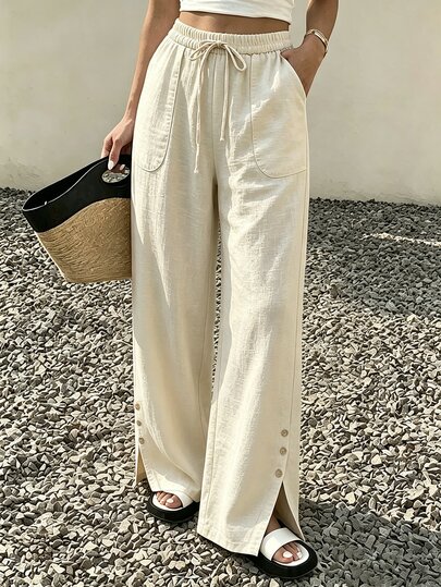 SHEIN Franclia מכנסיים רחבים יומיומיים לנשים בצבע משמש עם טקסטורה, מותן אלסטית עם שרוך, מותן גבוהה, כיסים גדולים, חתך עם כפתור בצד, רגליים ישרות נשפפות באורך רצפה