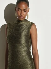 KSTM Metallic Lurex Bodycon Mini Dress High Neck Sleeveless Ruched Shimmer Party Evening Holiday Dress - Green - View 3