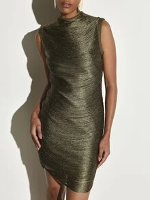 KSTM Metallic Lurex Bodycon Mini Dress High Neck Sleeveless Ruched Shimmer Party Evening Holiday Dress - Green - View 1