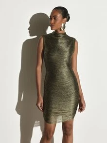 KSTM Metallic Lurex Bodycon Mini Dress High Neck Sleeveless Ruched Shimmer Party Evening Holiday Dress - Green - View 4