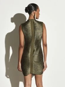 KSTM Metallic Lurex Bodycon Mini Dress High Neck Sleeveless Ruched Shimmer Party Evening Holiday Dress - Green - View 5