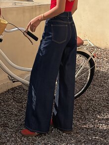 Livesso Petite Celana Jeans Pinggang Tinggi dengan Potongan Lebar untuk Musim Gugur - Biru - View 3