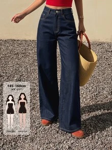 Livesso Petite Celana Jeans Pinggang Tinggi dengan Potongan Lebar untuk Musim Gugur - Biru - View 1
