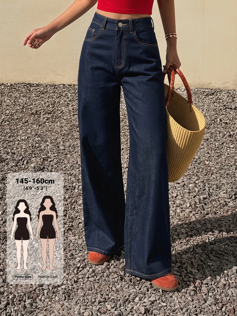 Livesso Petite Celana Jeans Pinggang Tinggi dengan Potongan Lebar untuk Musim Gugur - Biru - View 1