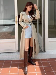 DAZY Women's Minimalist Lapel Button Long Sleeve Trench Coat Jacket For Daily Wear Fall - Khaki - View 3