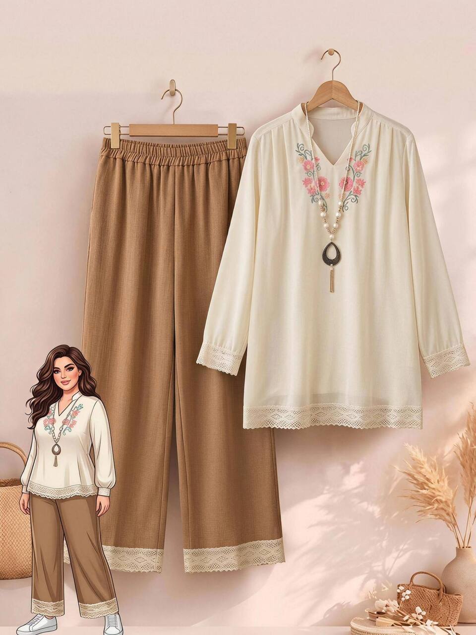 Plus Size Women Floral Print Long Sleeve Top And Pants Casual Elegant Traditional Daily 2 Pieces Set Office Brunch Beige Brown Autumn Fall