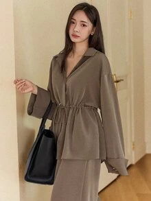 DAZY 女款休閒通勤抽繩腰襯衫與長褲兩件套 秋季 - 卡其色 - 查看 7