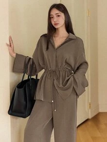DAZY 女款休閒通勤抽繩腰襯衫與長褲兩件套 秋季 - 卡其色 - 查看 8