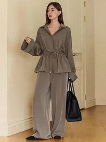DAZY 女款休閒通勤抽繩腰襯衫與長褲兩件套 秋季 - 卡其色 - 查看 4