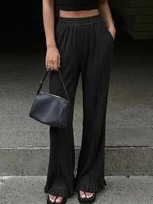 DAZY Women's Solid Color Elastic Waist Ruffle Hem Flare Leg Pants Fall - Black - View 6