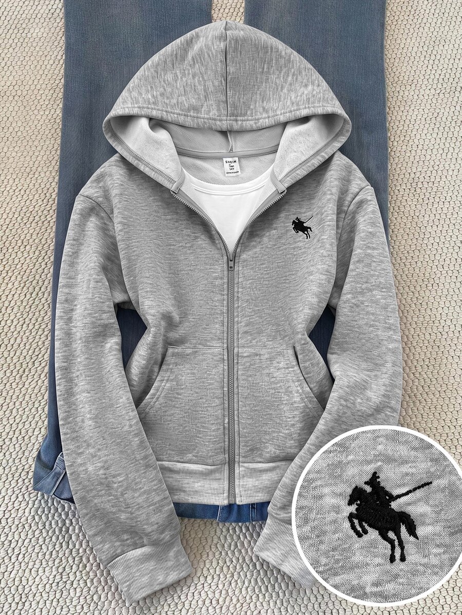 SHEIN Teen Girl Teen Girls Sweatshirts Autumn/Winter New Basic Street Style Casual Grey Solid Color Knit Small Logo Embroidered Pattern Zip-Up Hooded Slim Fit Sweatshirt Jacket, Back To School Season - Grey - View 1