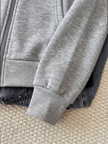 SHEIN Teen Girl Teen Girls Sweatshirts Autumn/Winter New Basic Street Style Casual Grey Solid Color Knit Small Logo Embroidered Pattern Zip-Up Hooded Slim Fit Sweatshirt Jacket, Back To School Season - Grey - View 3