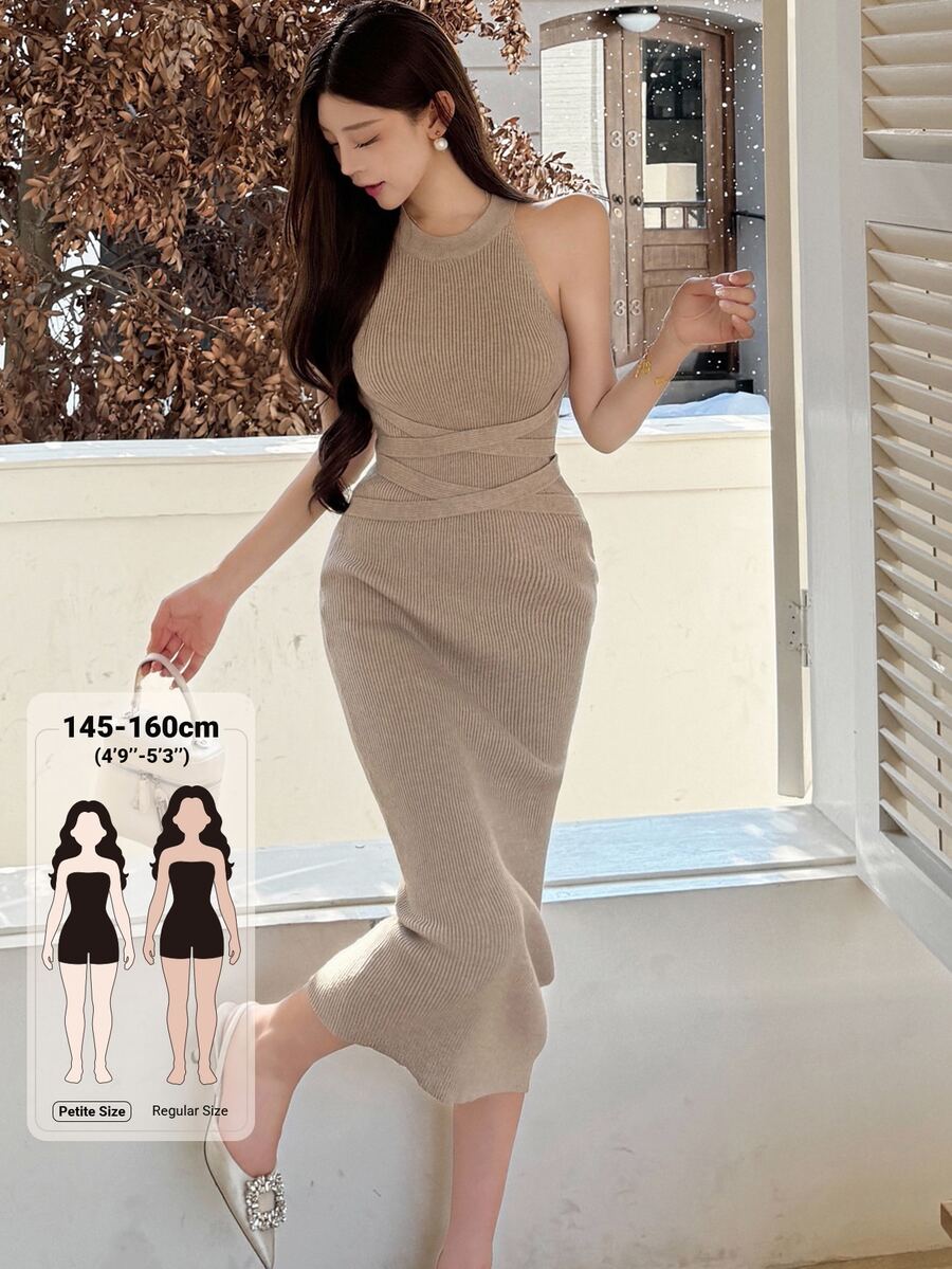 DAZY Gaun Sweater Polos dengan Pinggang Silang untuk Musim Gugur - Khaki - View 1