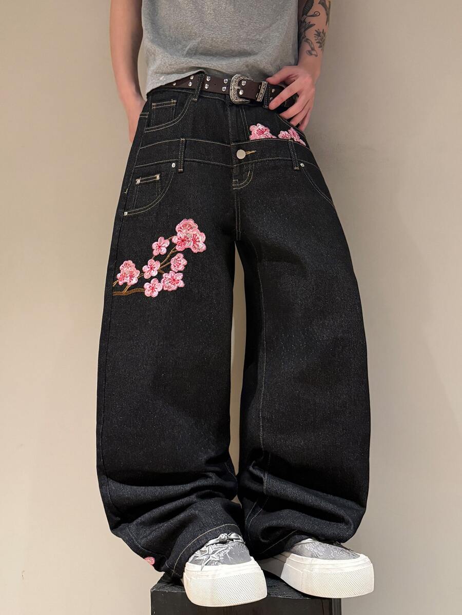 STEELVANCE Streetwear Retro Fashion Versatile Distressed Washed Patchwork Studded Embroidered Design Loose Straight Wide Leg Casual Denim Jeans (Belt And Accessories Not Included) - Black - View 1