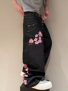 STEELVANCE Streetwear Retro Fashion Versatile Distressed Washed Patchwork Studded Embroidered Design Loose Straight Wide Leg Casual Denim Jeans (Belt And Accessories Not Included) - Black - View 4