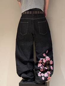 STEELVANCE Streetwear Retro Fashion Versatile Distressed Washed Patchwork Studded Embroidered Design Loose Straight Wide Leg Casual Denim Jeans (Belt And Accessories Not Included) - Black - View 2