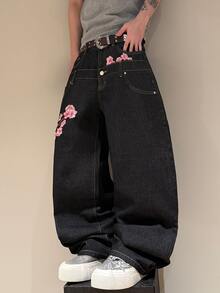 STEELVANCE Streetwear Retro Fashion Versatile Distressed Washed Patchwork Studded Embroidered Design Loose Straight Wide Leg Casual Denim Jeans (Belt And Accessories Not Included) - Black - View 3