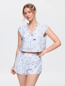 Bonmuse 2 Pieces,Women Light Blue,Striped Heart Print,Ruffle,V Neck,Front Tie,Cap Sleeve,Crop Top&Shorts,Loungewear,Sleepwear,Pajama Set,Lingries - Baby Blue - View 5