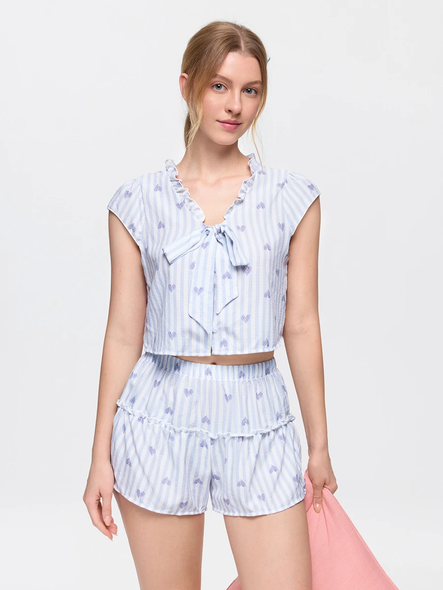 Bonmuse 2 Pieces,Women Light Blue,Striped Heart Print,Ruffle,V Neck,Front Tie,Cap Sleeve,Crop Top&Shorts,Loungewear,Sleepwear,Pajama Set,Lingries - Baby Blue - View 1