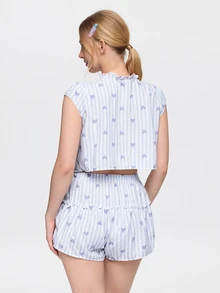 Bonmuse 2 Pieces,Women Light Blue,Striped Heart Print,Ruffle,V Neck,Front Tie,Cap Sleeve,Crop Top&Shorts,Loungewear,Sleepwear,Pajama Set,Lingries - Baby Blue - View 2