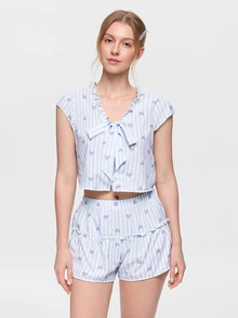 Bonmuse 2 Pieces,Women Light Blue,Striped Heart Print,Ruffle,V Neck,Front Tie,Cap Sleeve,Crop Top&Shorts,Loungewear,Sleepwear,Pajama Set,Lingries - Baby Blue - View 3