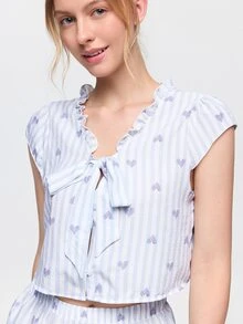 Bonmuse 2 Pieces,Women Light Blue,Striped Heart Print,Ruffle,V Neck,Front Tie,Cap Sleeve,Crop Top&Shorts,Loungewear,Sleepwear,Pajama Set,Lingries - Baby Blue - View 7