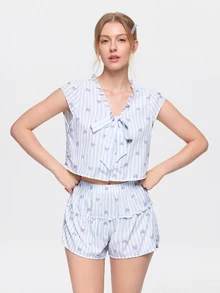 Bonmuse 2 Pieces,Women Light Blue,Striped Heart Print,Ruffle,V Neck,Front Tie,Cap Sleeve,Crop Top&Shorts,Loungewear,Sleepwear,Pajama Set,Lingries - Baby Blue - View 4