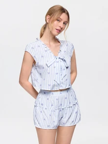 Bonmuse 2 Pieces,Women Light Blue,Striped Heart Print,Ruffle,V Neck,Front Tie,Cap Sleeve,Crop Top&Shorts,Loungewear,Sleepwear,Pajama Set,Lingries - Baby Blue - View 6