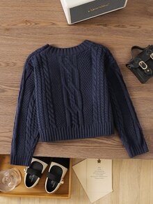 SHEIN 秋冬季幼兒女童長袖蝴蝶結針織套頭衫，適合返校季，舒適柔軟，聖誕節慶與日常穿搭 - 藏蓝色 - 查看 2