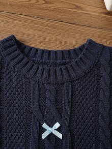 SHEIN 秋冬季幼兒女童長袖蝴蝶結針織套頭衫，適合返校季，舒適柔軟，聖誕節慶與日常穿搭 - 藏蓝色 - 查看 7