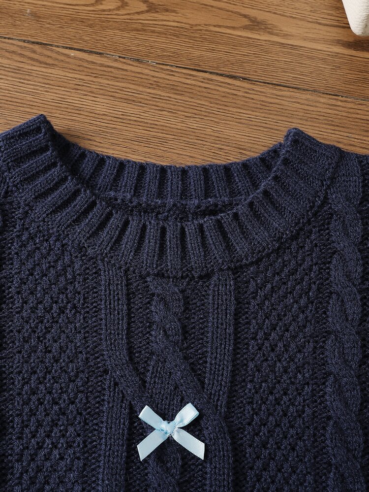 SHEIN Fall Clothes Winter Toddler Girl Long Sleeve Bow Sweater Pullover, Perfect For Back To School, Cozy Soft, Festival Outfits Christmas Everyday - Navy Blue - View 7