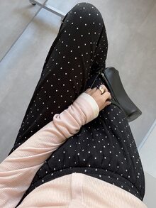 DAZY 女款韓式時尚波點印花長褲，度假秋季百搭 - 黑色 - 查看 5