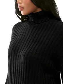 Solavibe 大码宽松高领蝙蝠袖粗针织毛衣连衣裙，秋冬 - 黑色 - 查看 2