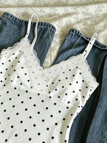 IslaSuriya Polka Dot Print Lace Patchwork Cup Cross Strap Top Going Out White And Black Polka Dot Summer Y2k Cute - Multicolor - View 3