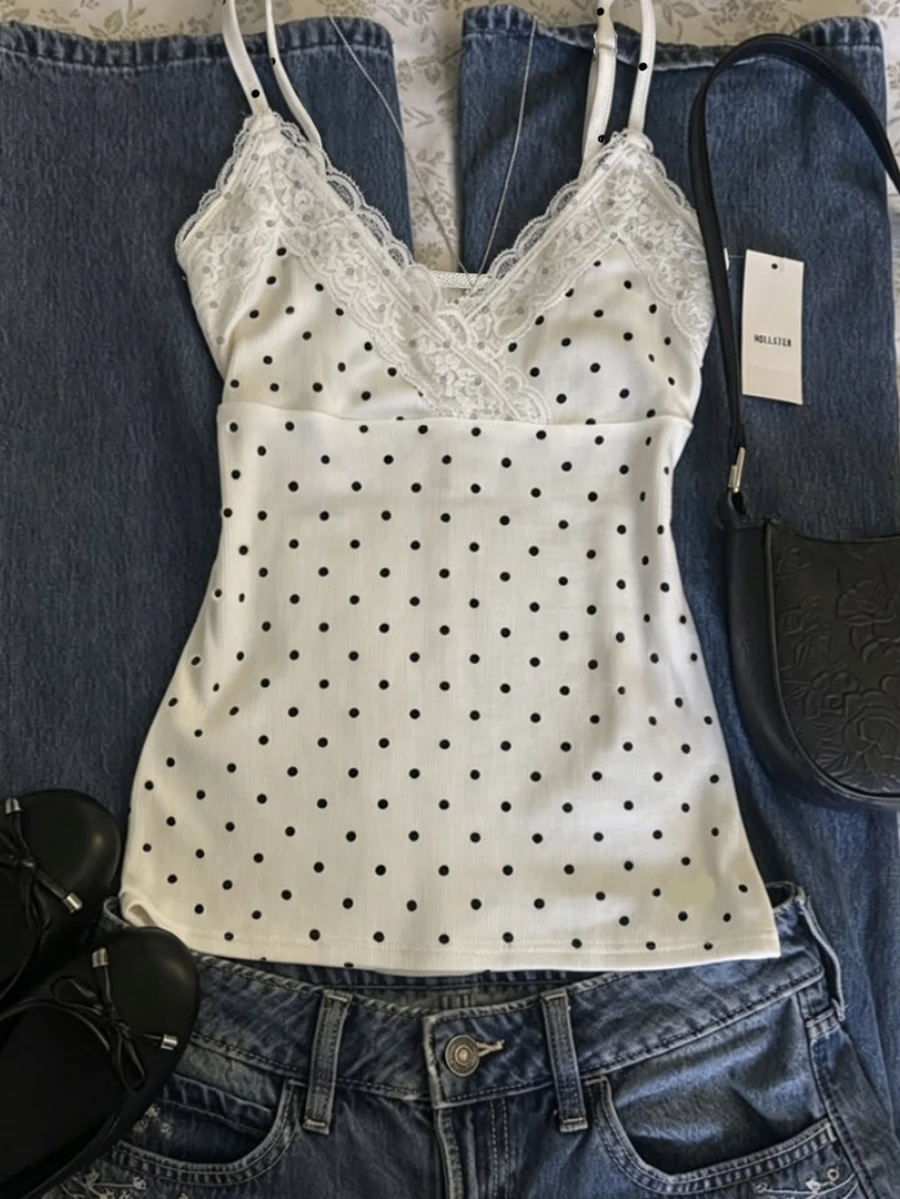 IslaSuriya Polka Dot Print Lace Patchwork Cup Cross Strap Top Going Out White And Black Polka Dot Summer Y2k Cute - Multicolor - View 1