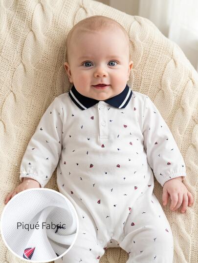 SHEIN Baby Boy Newborn Casual Sailboat&Seagull Print Polo Collar Button Front Long Sleeve Lightweight Jumpsuit, Daily Wear, Vacation, Mesh Fabric
