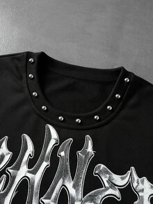 ROMWE MEN Men's Rivet Decor Graphic Print Loose Fit Long Sleeve T-Shirt - Black - View 3
