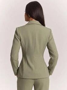 SHEIN BAE Sage Green Blazer & Pants Set, Long Sleeve Sophisticated Elegant Two Piece Suit For Office Meeting Cocktail Fall, Smart Chic,Sage Green - Green - View 2