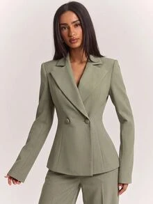 SHEIN BAE Sage Green Blazer & Pants Set, Long Sleeve Sophisticated Elegant Two Piece Suit For Office Meeting Cocktail Fall, Smart Chic,Sage Green - Green - View 4