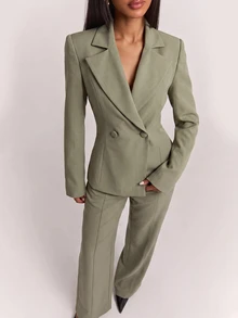 SHEIN BAE Sage Green Blazer & Pants Set, Long Sleeve Sophisticated Elegant Two Piece Suit For Office Meeting Cocktail Fall, Smart Chic,Sage Green - Green - View 7