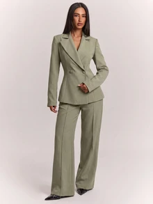 SHEIN BAE Sage Green Blazer & Pants Set, Long Sleeve Sophisticated Elegant Two Piece Suit For Office Meeting Cocktail Fall, Smart Chic,Sage Green - Green - View 8