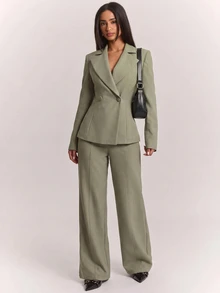SHEIN BAE Sage Green Blazer & Pants Set, Long Sleeve Sophisticated Elegant Two Piece Suit For Office Meeting Cocktail Fall, Smart Chic,Sage Green - Green - View 3