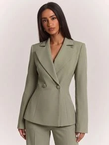 SHEIN BAE Sage Green Blazer & Pants Set, Long Sleeve Sophisticated Elegant Two Piece Suit For Office Meeting Cocktail Fall, Smart Chic,Sage Green - Green - View 5