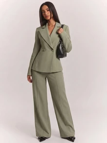 SHEIN BAE Sage Green Blazer & Pants Set, Long Sleeve Sophisticated Elegant Two Piece Suit For Office Meeting Cocktail Fall, Smart Chic,Sage Green - Green - View 1