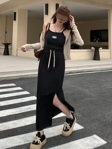 DAZY 女款休閒百搭純色開衩裙 秋季 - 黑色 - 查看 2